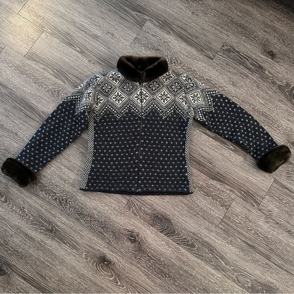 Lauren Ralph Lauren Vintage Wool Faux Fur Fair Isle Zip Up Sweater